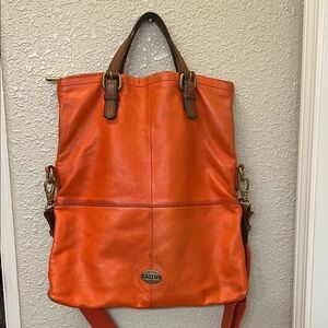 FOSSIL Explorer Orange Tote Leather Brown Foldover Messenger Crossbody